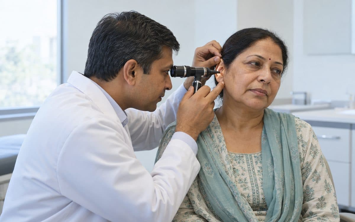 An ENT doctor examining a patient's ear with an otoscope