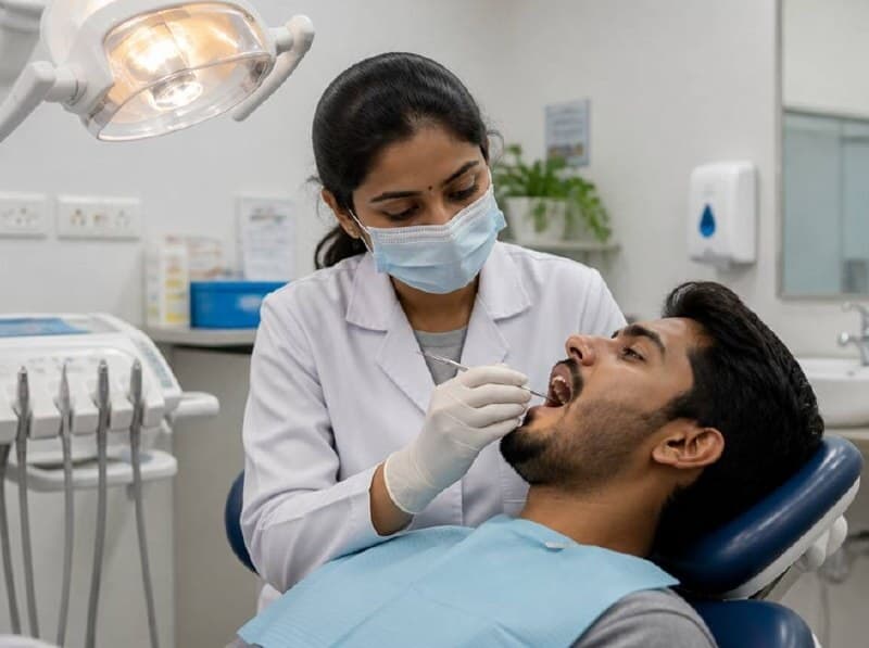 A dentist examining a patient's teeth in the dental chair