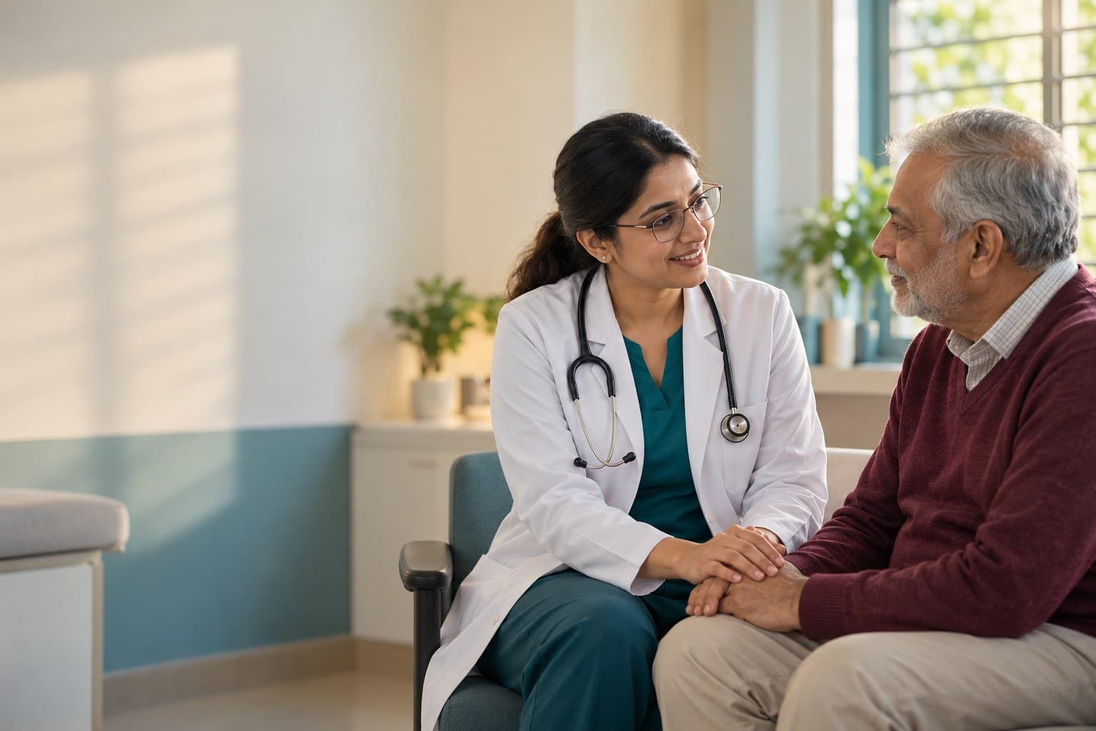 A doctor holding an elderly patient's hand as she explains his treatment