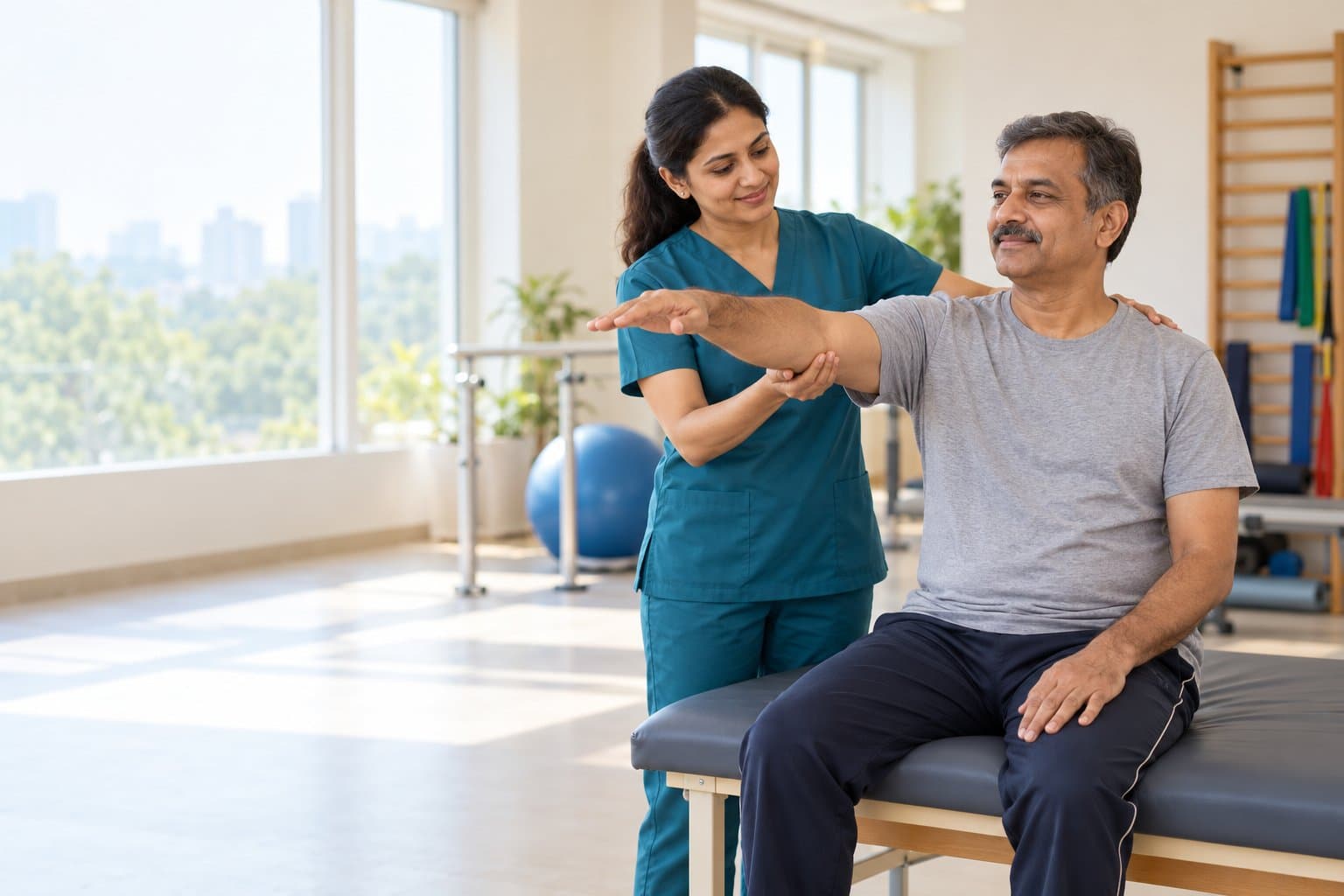 A physiotherapist supporting a middle-aged man's arm as he raises it in a bright rehab room