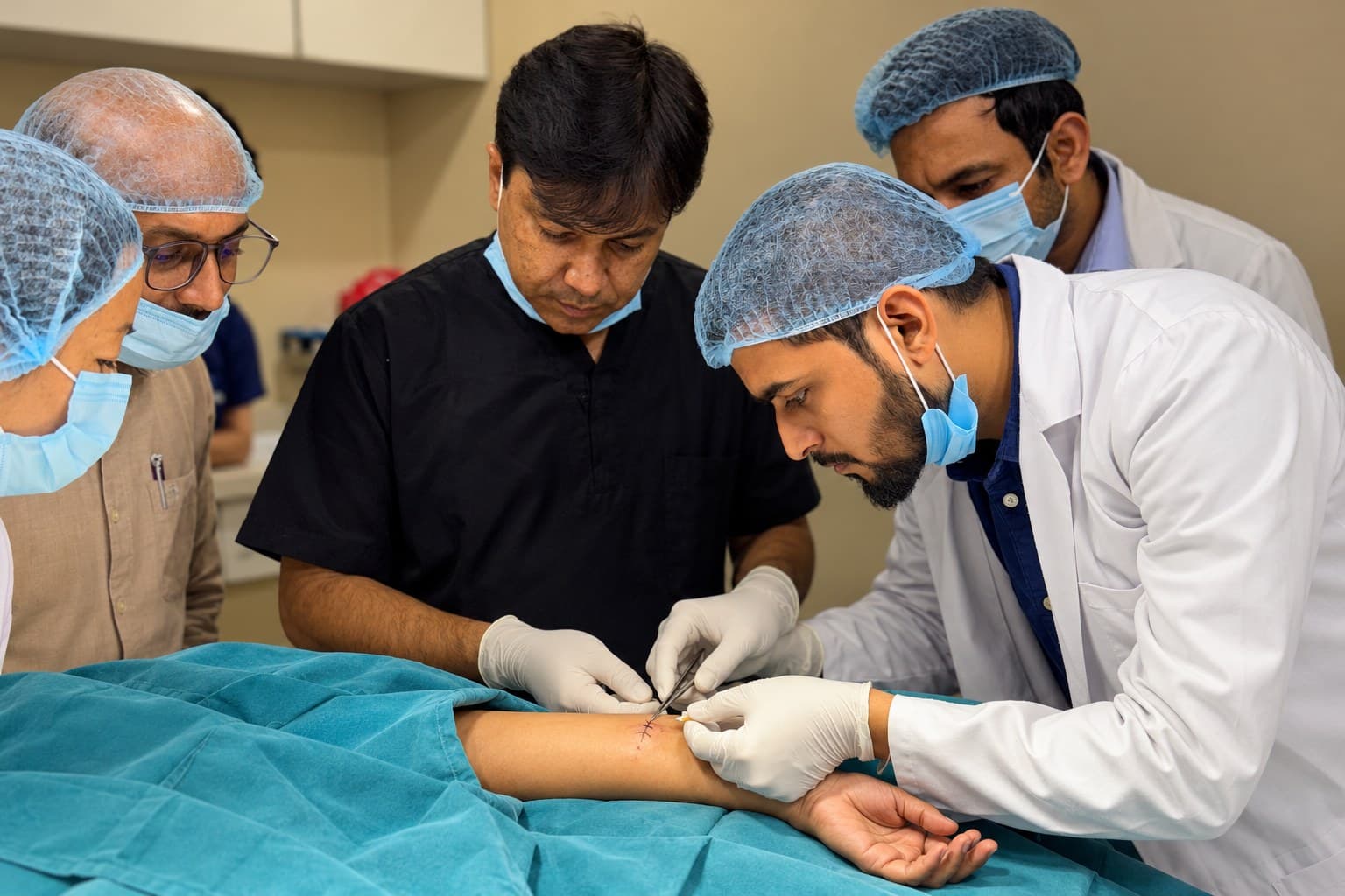A surgeon stitching a small wound on a patient's forearm as colleagues look on